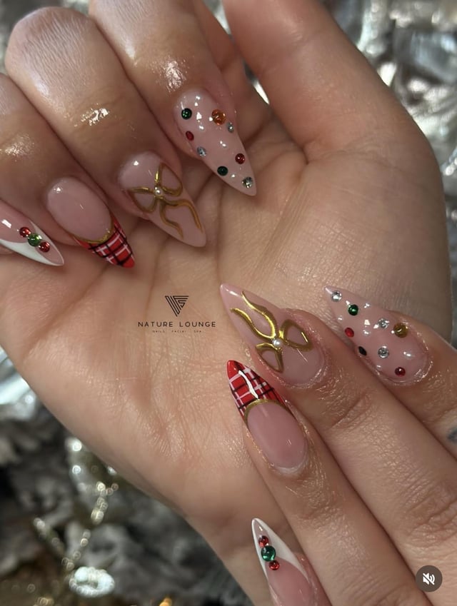 Long Stiletto Gold Bow Plaid French Rhinestone Nails Long Stiletto Gold Bow Plaid French Rhinestone Nails — Christmas Gel X Nails 2026