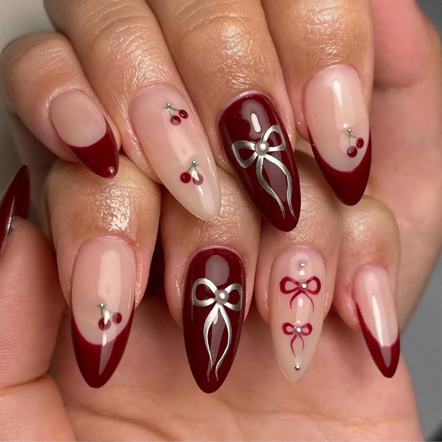 Glossy Cherry Motif French Tip Medium Almond Nails Glossy Cherry Motif French Tip Medium Almond Nails — Black Cherry Nails