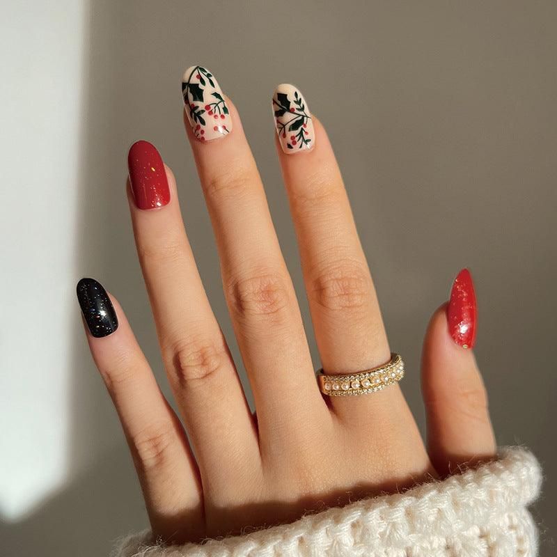 Cream Holly Berry Almond Nails Cream Holly Berry Almond Nails — Medium Christmas Nails 2026