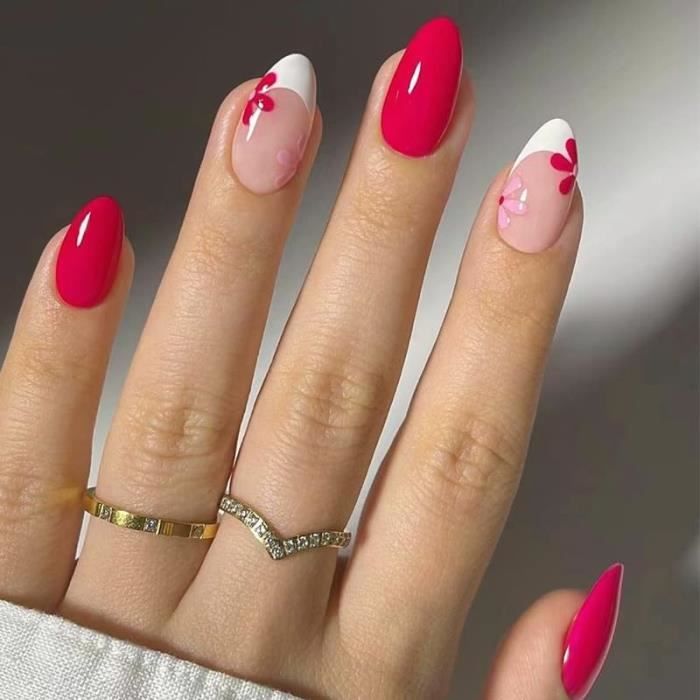 Bright Pink with Floral French Tips Bright Pink with Floral French Tips — Short Winter Acrylic Nails