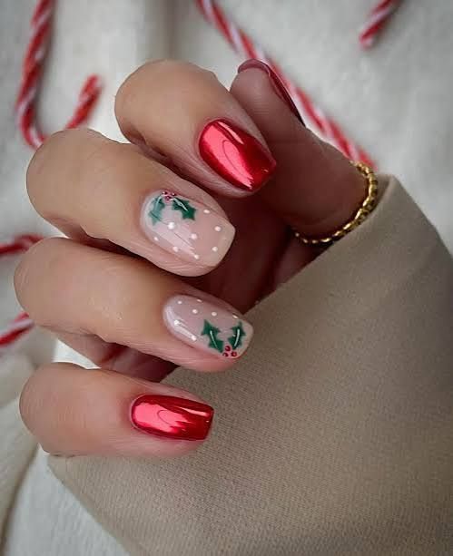 Metallic Red with Delicate Holly Metallic Red with Delicate Holly — Christmas Nails for Kids 2026