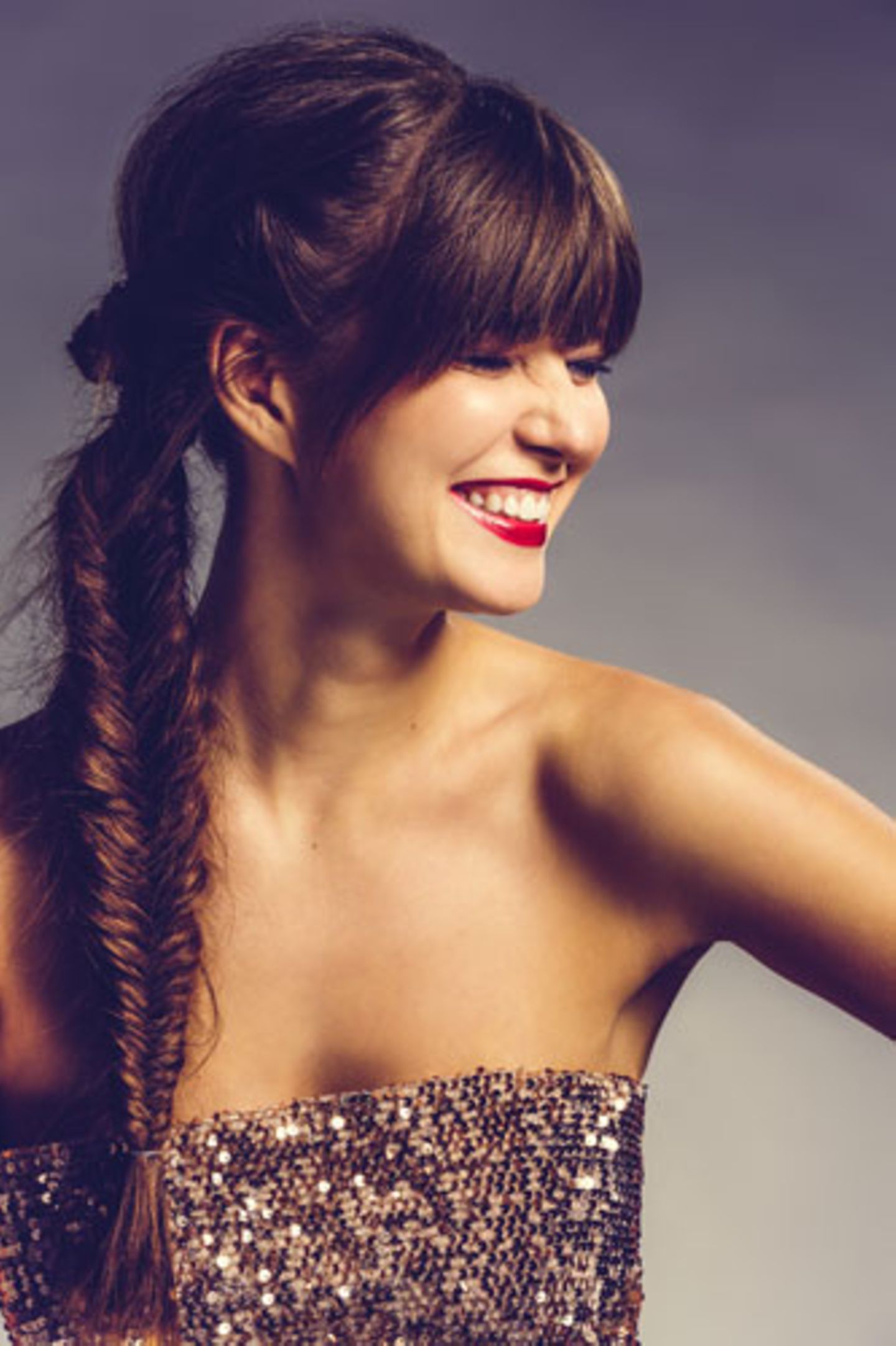 Fishtail Braid With Blunt Bangs Fishtail Braid With Blunt Bangs — Winter Party Hairstyles