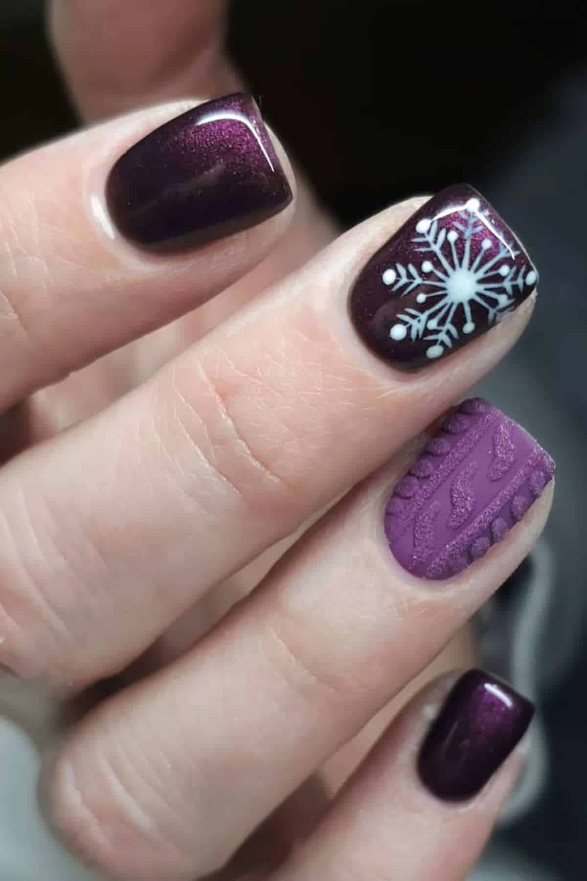 Plum Snowflake Cable Knit Textured Nails Plum Snowflake Cable Knit Textured Nails — Classy Short Winter Nails