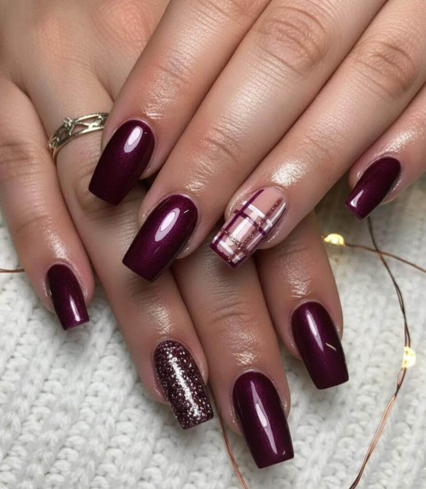 Burgundy Square with Plaid and Glitter Accents Burgundy Square with Plaid and Glitter Accents — Burgundy Christmas Nails 2026