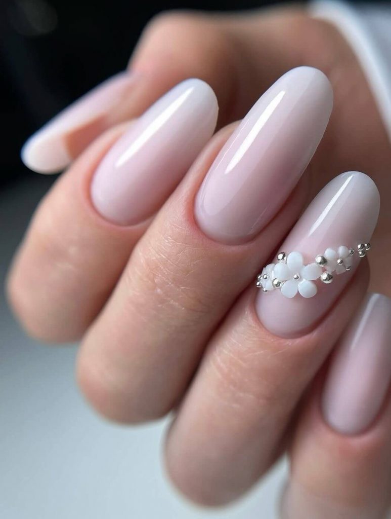 Milky Pink 3D Floral Oval Nails Milky Pink 3D Floral Oval Nails — Winter Wedding Nails