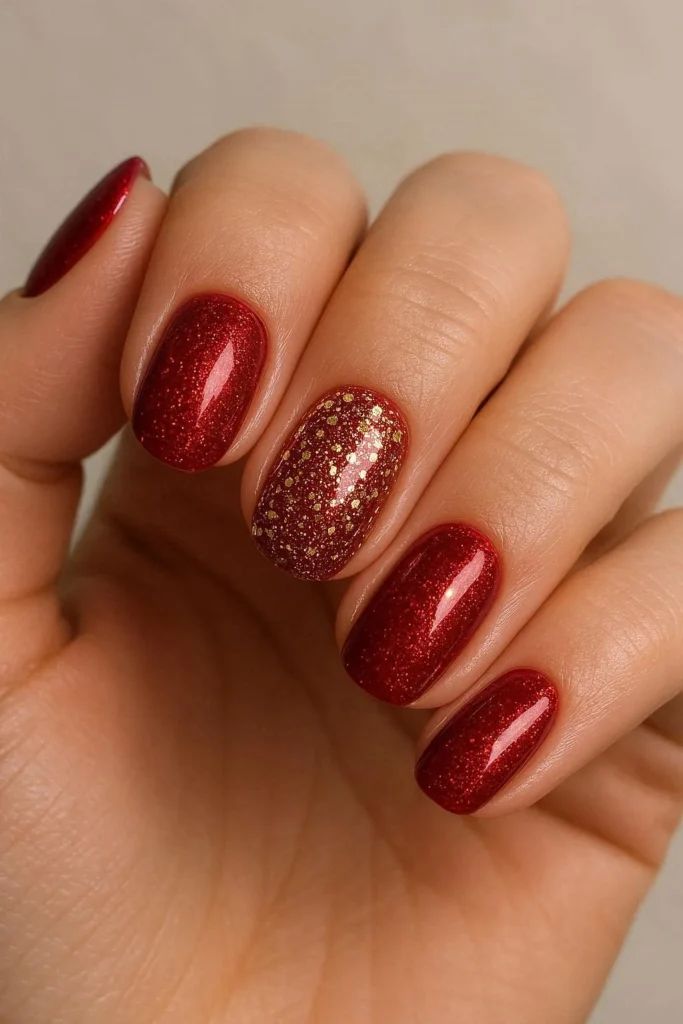 Deep Red Nails with Gold Glitter Accent Deep Red Nails with Gold Glitter Accent — Short Christmas Nails 2026