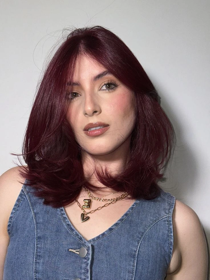 Glossy Cherry Cola Lob With Blowout Glossy Cherry Cola Lob With Blowout — Cherry Cola Hair Color
