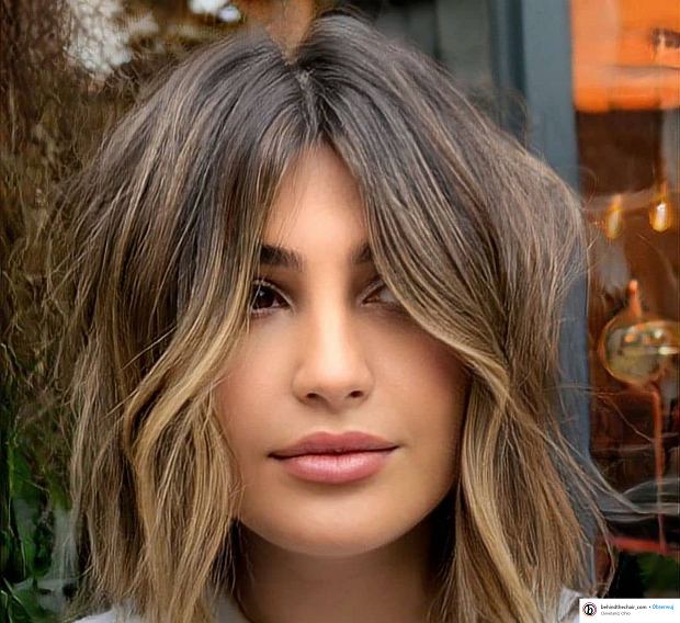 Shaggy Lob With Wispy Bangs and Balayage Shaggy Lob With Wispy Bangs and Balayage — Winter Haircuts for Round Faces