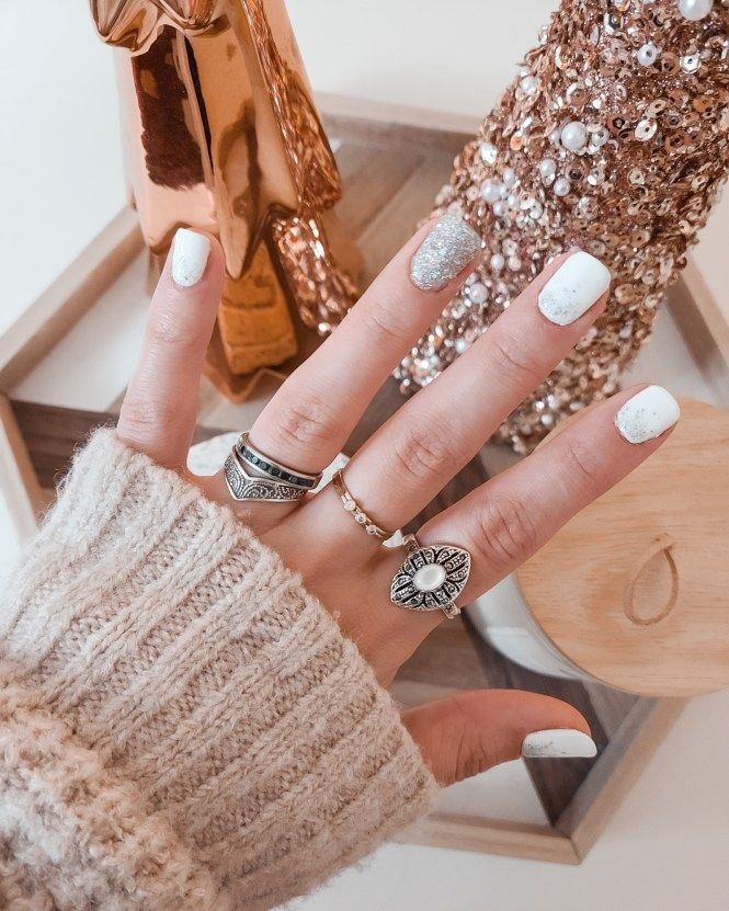 Matte White Silver Glitter Accent — Holiday Nail Colors 2026