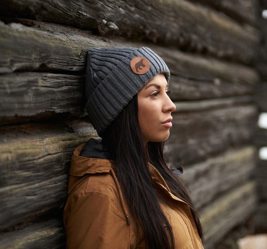 Mid-Back Straight Dark Brown With Grey Hat — Winter Hat Hairstyles