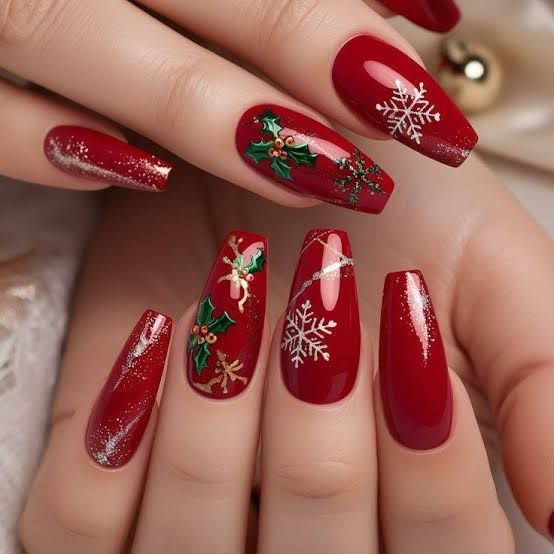 Long Coffin Holly Snowflake Glitter Nails Long Coffin Holly Snowflake Glitter Nails — Red Christmas Nails 2026