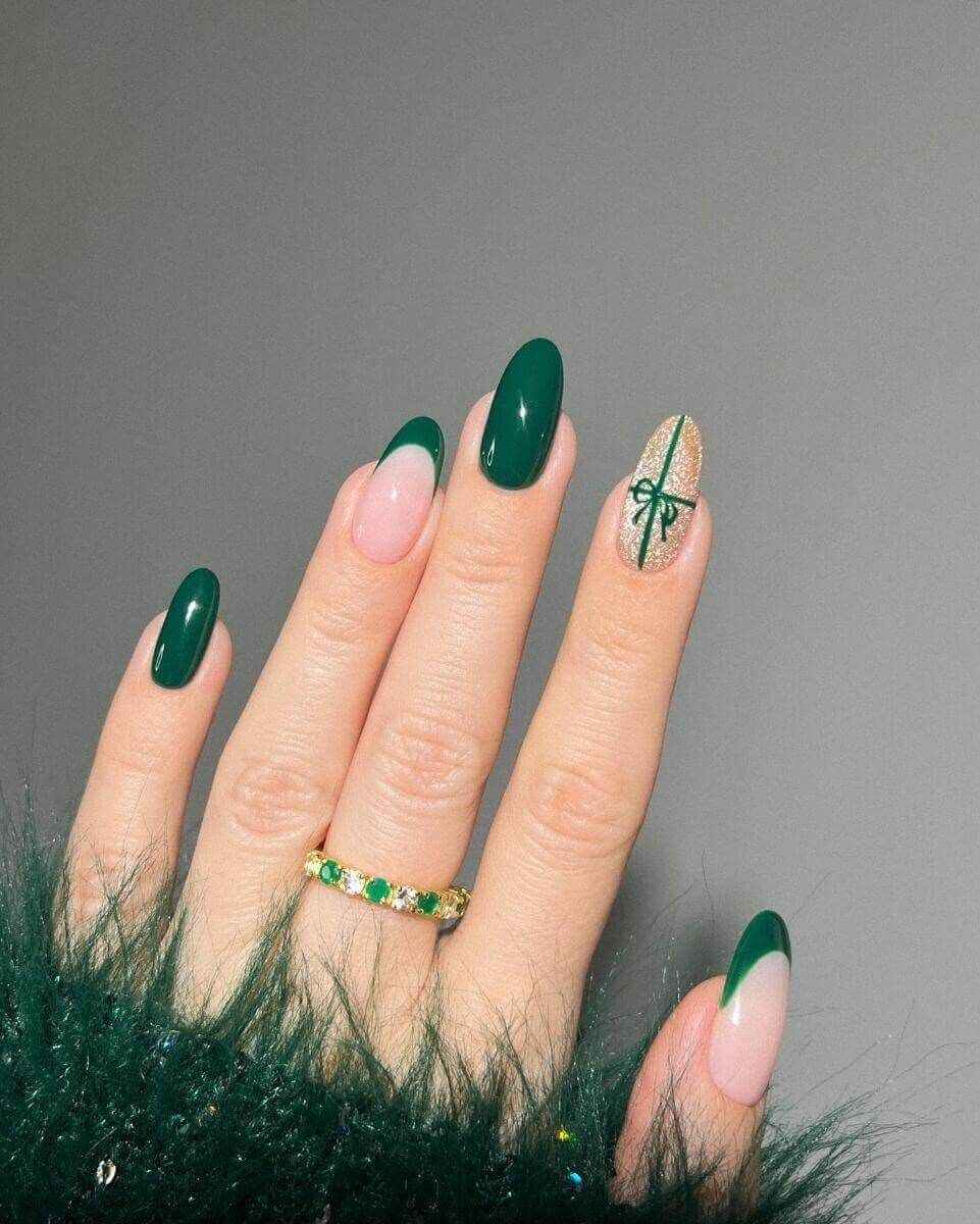 Sheer Pink with Green French and Gold Bow — Green Christmas Nails 2026