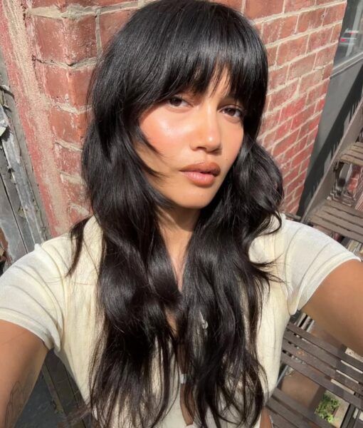 Shoulder-Length Shag with Full Bangs Shoulder-Length Shag with Full Bangs — Winter Haircuts for Thick Hair