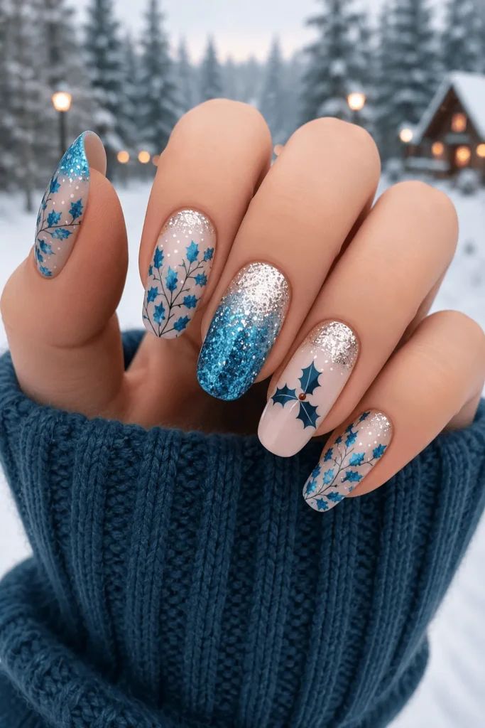 Blue Glitter Gradient Holly Berry Nails Blue Glitter Gradient Holly Berry Nails — Christmas Almond Nails 2026