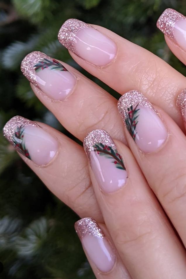 Glitter French Tips with Christmas Sprigs Glitter French Tips with Christmas Sprigs — Christmas Nails 2026