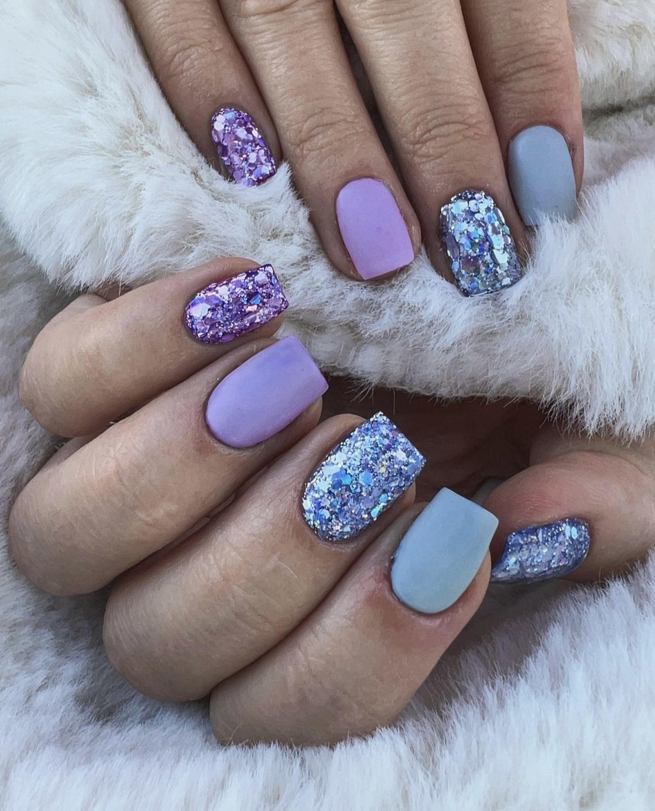 Matte Lavender and Blue with Glitter Accents Matte Lavender and Blue with Glitter Accents — Winter Birthday Nails