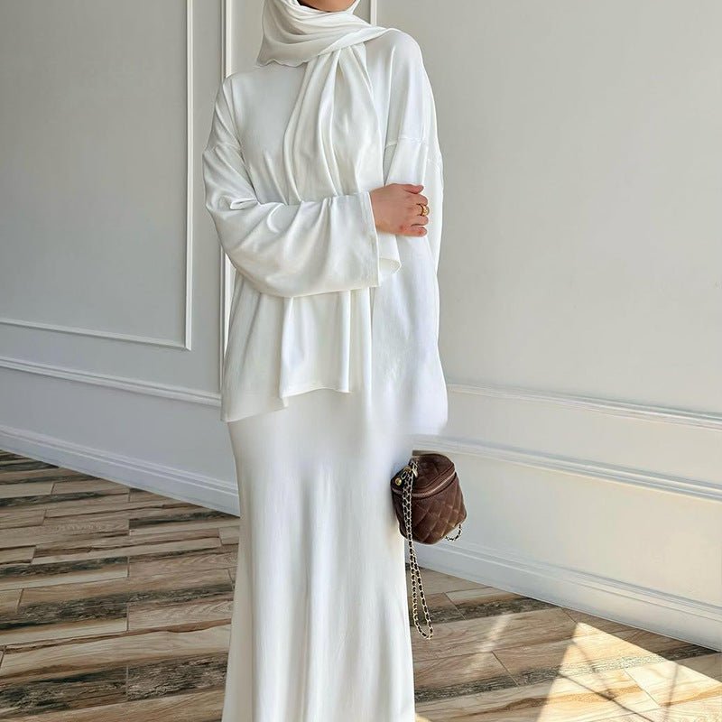 Minimalist White Two-Piece Set with Integrated Hijab Minimalist White Two-Piece Set with Integrated Hijab — Modest Winter Outfits