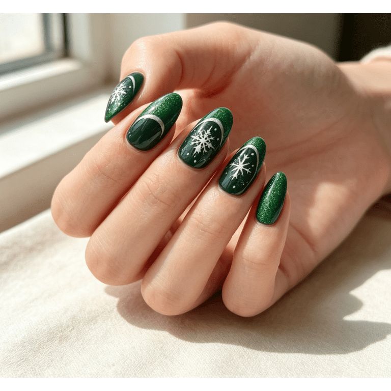 Deep Green Snowflake Almond Nails Deep Green Snowflake Almond Nails — Short Christmas Almond Nails 2026