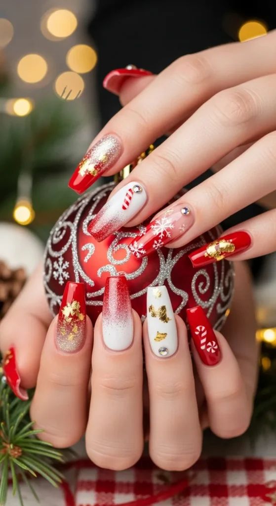Mixed Holiday Art on Coffin Nails Mixed Holiday Art on Coffin Nails — Long Christmas Nails 2026