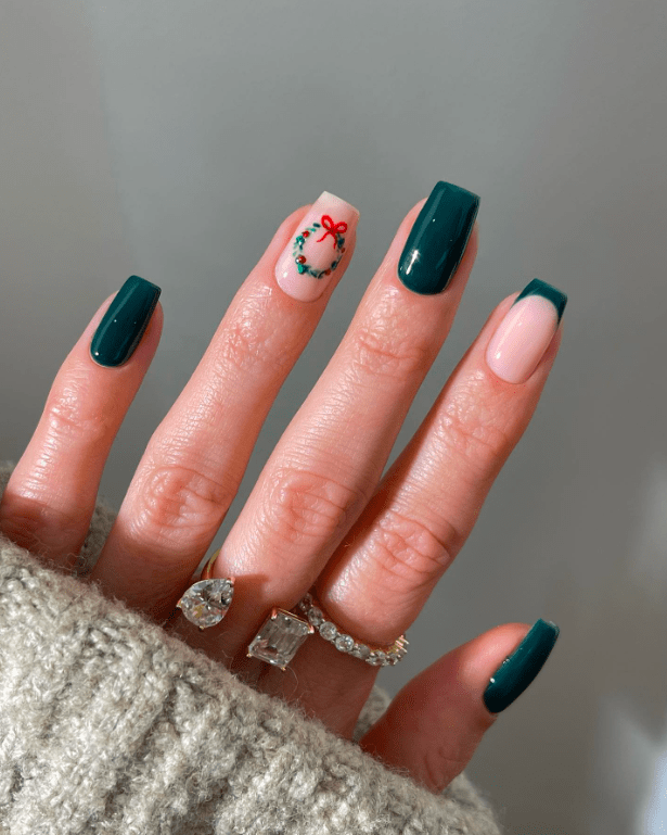 Deep Green Wreath French Tip Square Nails Deep Green Wreath French Tip Square Nails — Christmas Square Nails 2026