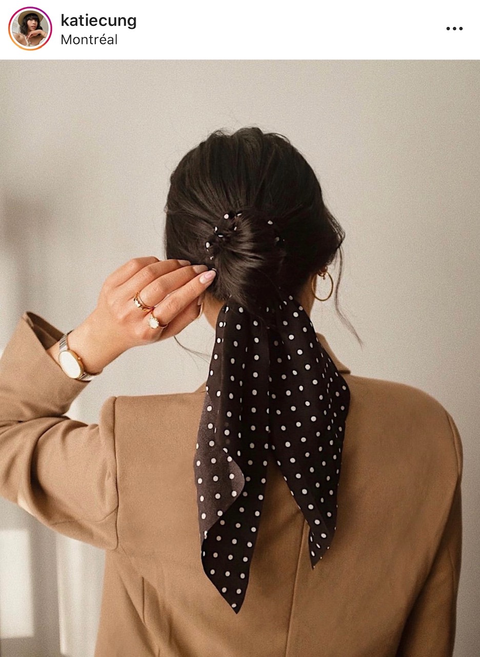 Dark Brown Bun with Polka Dot Scarf Dark Brown Bun with Polka Dot Scarf — Winter Hairstyles with Scarf