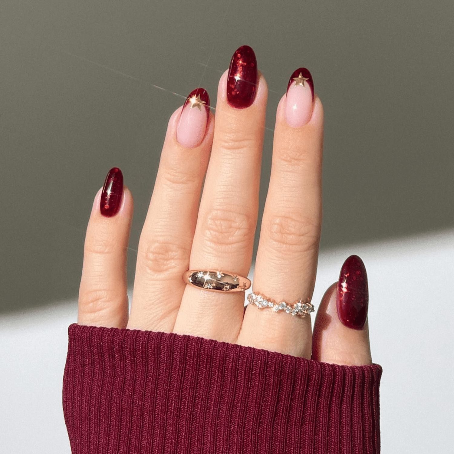 Long Almond Red Glitter Gold Star Tips Long Almond Red Glitter Gold Star Tips — Minimalist Christmas Nails 2026