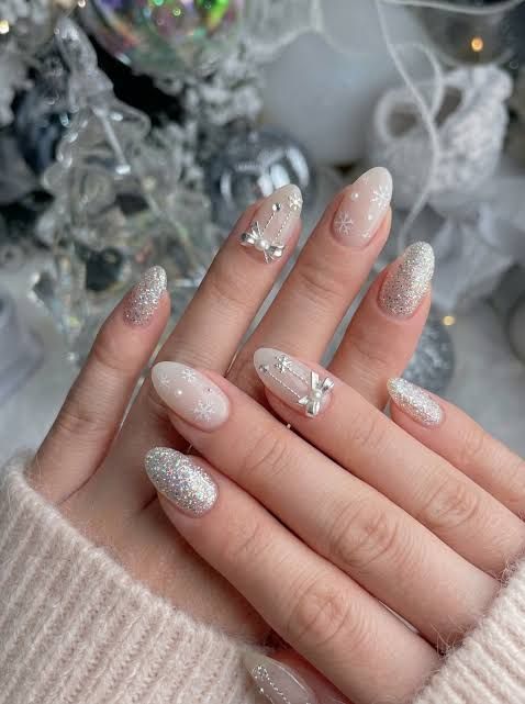Long Almond Winter Art Mix — Winter Champagne Nails