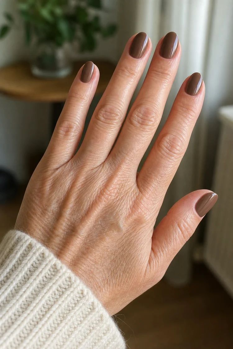 Glossy Medium Brown Solid Color Glossy Medium Brown Solid Color — Medium Winter Almond Nails