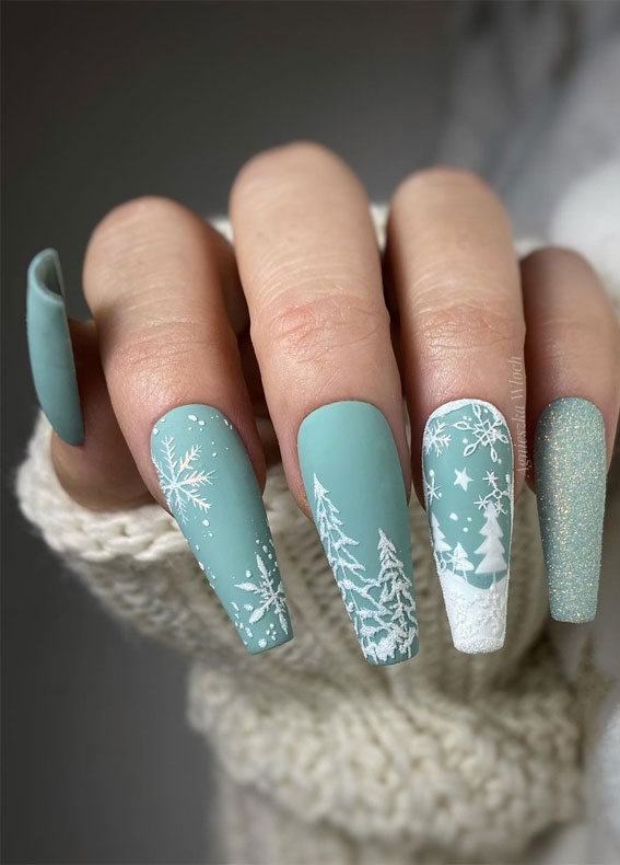 Matte Teal Winter Forest Scene Coffin Nails Matte Teal Winter Forest Scene Coffin Nails — Christmas Coffin Nails 2026