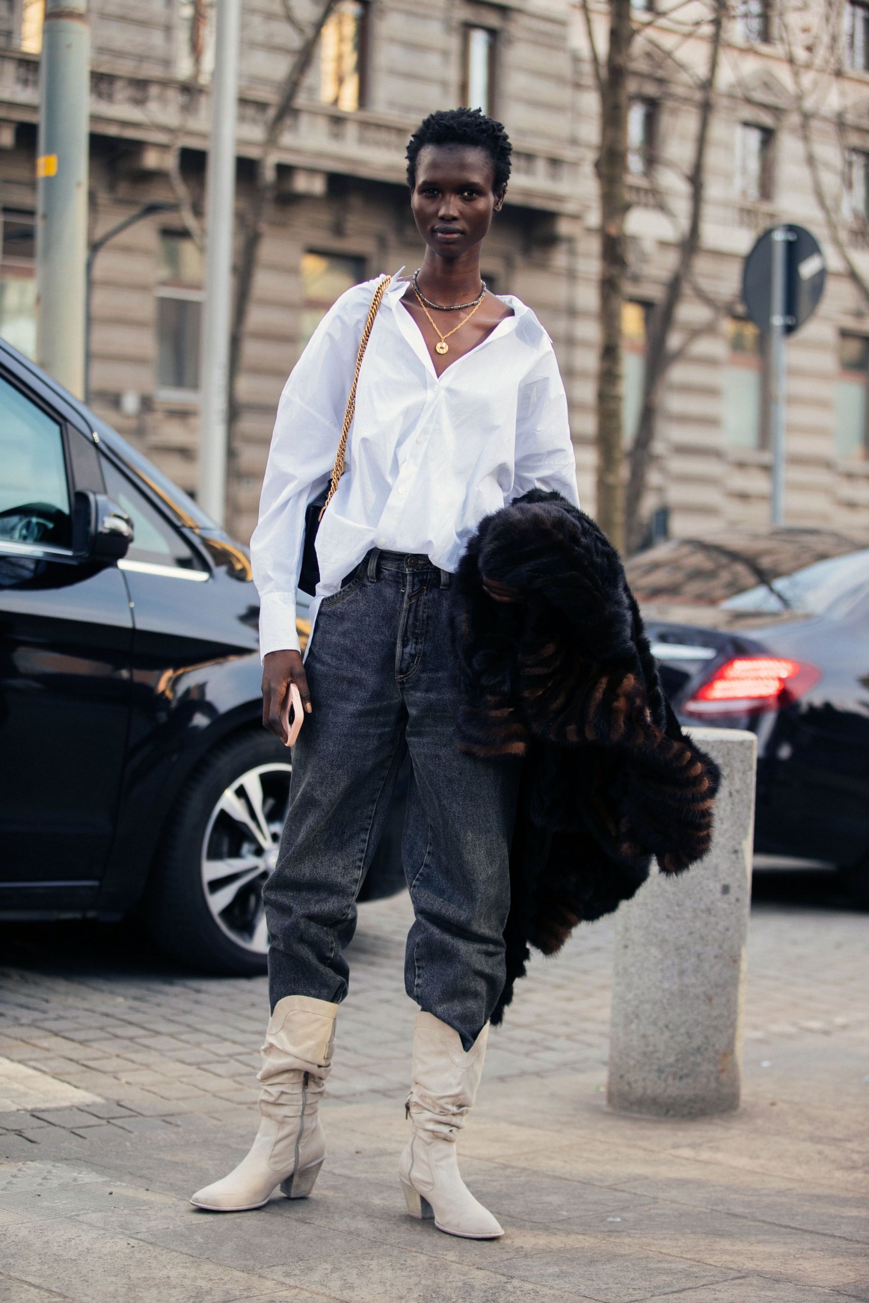 Oversized Fur Coat Elevates Denim and Button-Down — Las Vegas Winter Outfits