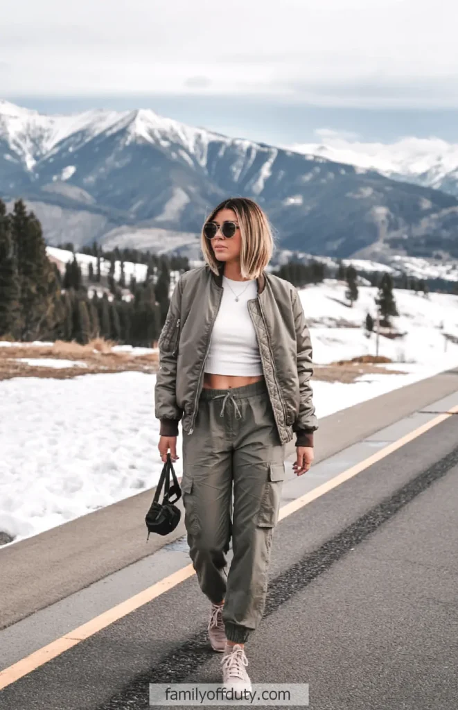 Sporty Chic: Bomber Jacket and Cargo Pants Sporty Chic: Bomber Jacket and Cargo Pants — Cabin Trip Outfits