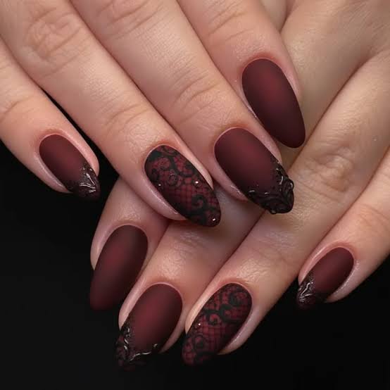 Medium Almond Burgundy with Black Lace Art Medium Almond Burgundy with Black Lace Art — Velvet Nails