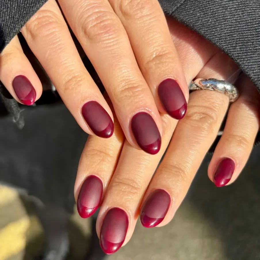 Medium Oval Burgundy Matte with Glossy Tips Medium Oval Burgundy Matte with Glossy Tips — Velvet Nails