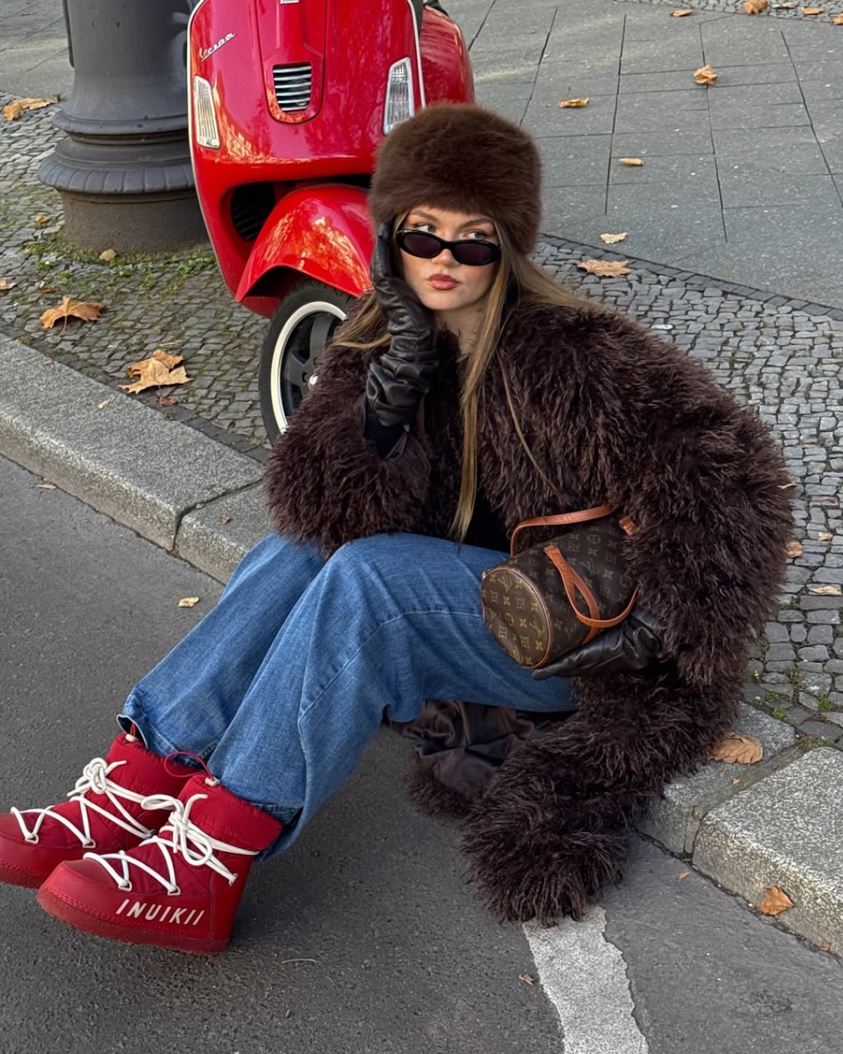 Bold Red Moon Boots with Oversized Faux Fur and Denim Bold Red Moon Boots with Oversized Faux Fur and Denim — Snow Boots Outfits