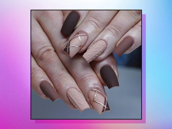 Long Coffin Brown Nude Cable Knit with Foil Long Coffin Brown Nude Cable Knit with Foil — Velvet Nails